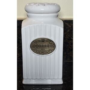 THL Farmhouse COFFEE Canister Jar White Lace Lattice Top French Cottage